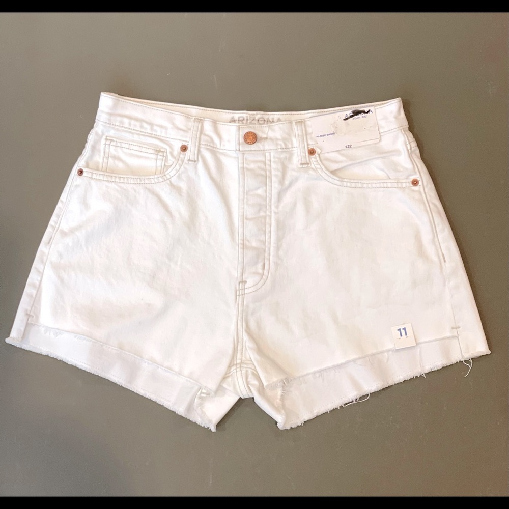 Arizona Jean Co Button Fly Hi-Rise White Cut Off Jean Shorts Distressed Rear Poc